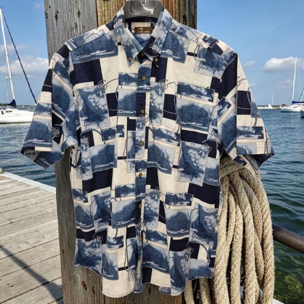 Cafe Luna Yachting Button-Up Shirt Mens Large Blue Ivory Resortwear Nautical